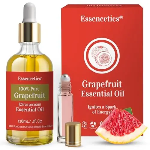 Produktbild: Essencetics Ätherisches Grapefruitöl – 118ml Glasflasche mit Tropfer & Roll-On – Bio Grapefruit Öl für Diffuser, Hautpflege & Seifenherstellung 100% Bio