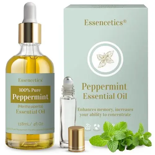 Produktbild: Essencetics Ätherisches Pfefferminzöl – 118ml Glasflasche mit Tropfer & Roll-On – Bio Pfefferminz Öl für Diffuser, Hautpflege & Haarpflege 100% BIO