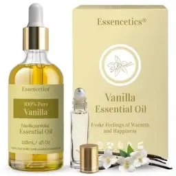 Produktbild: Essencetics Ätherisches Vanilleöl – 118ml Glasflasche mit Tropfer & Roll-On – Bio Vanilla Öl für Diffuser, Hautpflege & Seifenherstellung 100% Bio