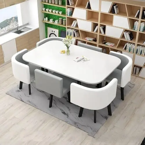 Produktbild: EPUZER Esstisch mit 6 Stühlen Set, Essgruppe Küchentisch mit Kunstleder Stuhl, Konferenztisch Balkon Esstisch for Küche Esszimmer Wohnzimmer(Grau)