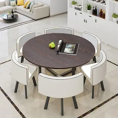 Produktbild: Esstisch mit 6 Stühlen Set Konferenztisch Besprechungstisch Büro Tisch Empfang Tische und Stühlefreizeittisch Couchtisch(Bianco)