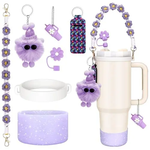 Produktbild: Estefanlo 7 Stück Stanley Cup Zubehör Set, Inklusive Wasserflasche Griff Riemen, Siliocne Becher Stiefel, Silikon Strohhalm Abdeckung, Stanley Cup Accessories für Stanley Cup 800ml -1100ml (Lila)