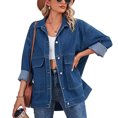 Produktbild: Estink Damen-Jeansjacke mit Knöpfen, Boyfriend, übergroße Taschen, Denim-Jeansjacke (XL)
