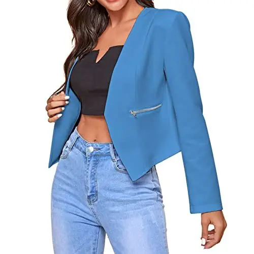 Produktbild: Estink Damen Slim Fit Blazer Einfarbig Anzugjacke Kurzblazer Slim mit Taschen und Reißverschlüssen(L-Rosa)