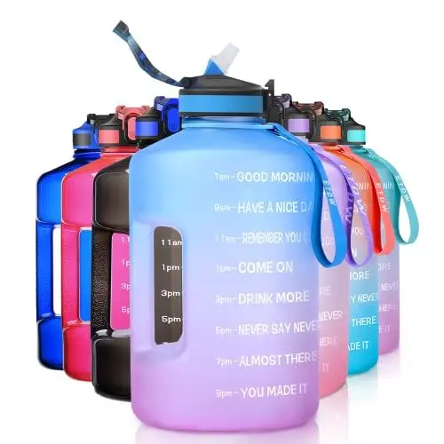 Produktbild: ETDW 2.2 Litre Water Bottle with Straw and Time Marker, Half Gallon Drinking Bottle with Handle BPA Free, 2.2L LeakProof Reusable Huge Water Jug One Hand Open Blue Pink