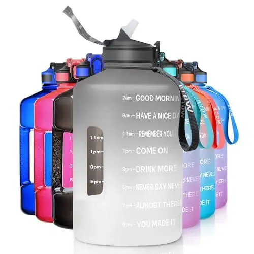 Produktbild: ETDW 3,78 Liter Trinkflasche mit Strohhalm und Zeitmarkierung, 3,78L Sport Trinkflasche mit Griff, BPA-frei, auslaufsicher, großer Wasserbehälter für Fitness, Fitnessstudio, Yoga und Outdoor