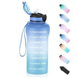 Produktbild: ETDW Trinkflaschen mit Strohhalm 2 Liter (BPA-frei Tritan), Wasserflasche mit Zeitmarkierungen 2L, Sportwasserflaschen 2000ml Auslaufsicher für Fitnessstudio, Camping, Yoga BLAU BLAU