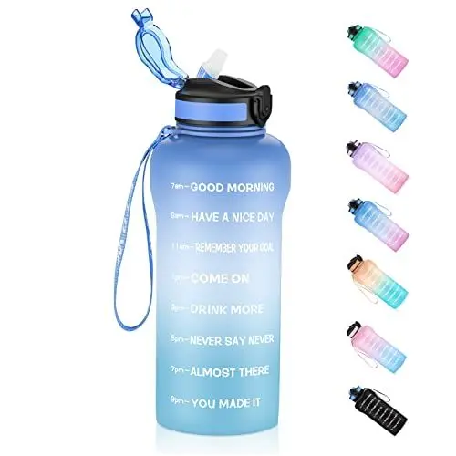 Produktbild: ETDW Trinkflaschen mit Strohhalm 2 Liter (BPA-frei Tritan), Wasserflasche mit Zeitmarkierungen 2L, Sportwasserflaschen 2000ml Auslaufsicher für Fitnessstudio, Camping, Yoga BLAU BLAU