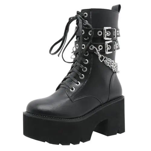 Produktbild: Etebella Damen Gothic Plateau Stiefeletten Blockabsatz Ankle Boots zum Schnüren Punk Combat Schuhe(Schwarz,41)