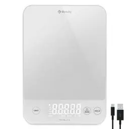 Produktbild: ETEKCITY Küchenwaage 10kg Digitalwaage, wiederaufladbar und wasserdicht, Haushaltswaage zum Kochen, Backen, und auch Gewichtsverlust, Präzision von 1 g, Tara Funktion, Weiß