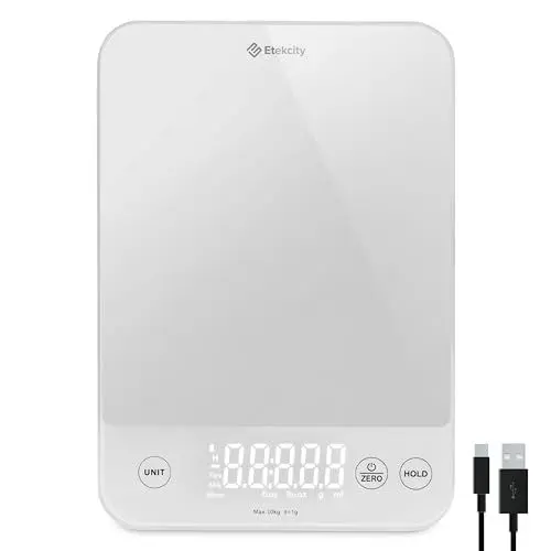 Produktbild: ETEKCITY Küchenwaage 10kg Digitalwaage, wiederaufladbar und wasserdicht, Haushaltswaage zum Kochen, Backen, und auch Gewichtsverlust, Präzision von 1 g, Tara Funktion, Weiß