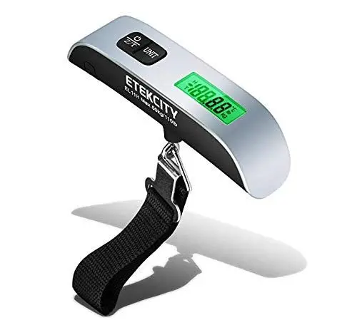 Produktbild: Etekcity Digitale Kofferwaage Gepäckwaage Handwaage Hängewaage LCD-Display mit Hintergrundbeleuchtung und Temperaturanzeige, 50 kg Kapazität, Silber Schwarz