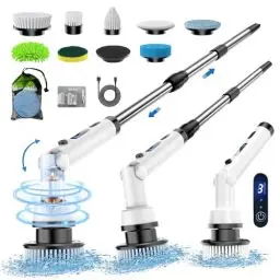 Produktbild: ETENTOUS Elektrische Reinigungsbürste, Electric Cleaning Brush mit 8 Ersatzbürstenköpfe Electric Spin Scrubber 3 Modi Power Scrubber mit 37-140cm Verstellbarem Griff für Bad Küche Auto Fußboden