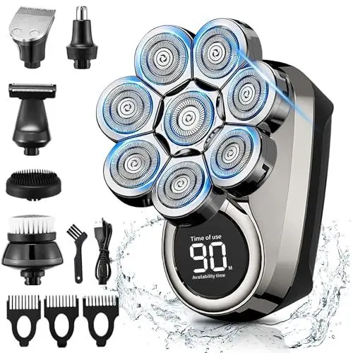 Produktbild: ETENTOUS Glatzen Rasierer Herren 6 in 1 Glatzen Rasierer 8 Rotierende Kopfrasierer Glatze, Wasserdichtes Nass und Trocken Rasierer,Glatzenrasierer mit LCD und Pflege Kit