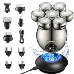 Produktbild: ETENTOUS Glatzen Rasierer Herren Elektrisch,6 in 1 Kopfrasierer Glatze,mit 7 Rotierende Scherköpfe und Bart Trimmer Pflege Kit,IPX6 Wasserdichter Glatzenrasierer Nass und Trocken,Typ-C Wiederaufladbar