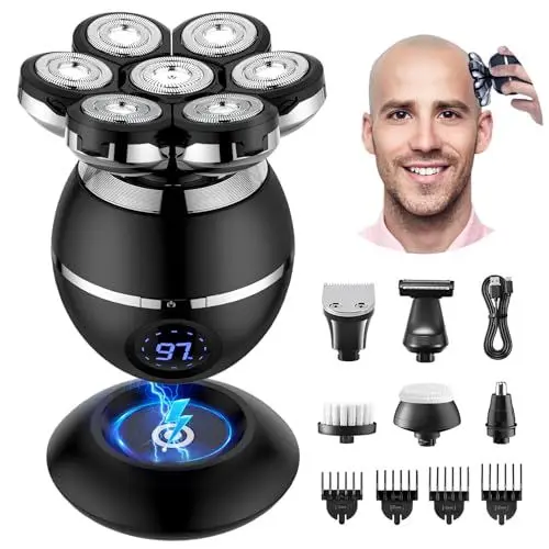 Produktbild: ETENTOUS Glatzen Rasierer Herren Elektrisch, 7D Elektrorasierer Herren -6 in 1 Kopfrasierer für Männer mit Glatze IPX7 Wasserdicht Bart Nasenhaar Trimmer Pflege Kit -Nass&Trocken-Kopfrasierer Glatze.