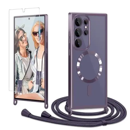 Produktbild: Ethanger Handykette für Samsung Galaxy S24 Ultra 5G Hülle mit Band + 1 Stück Glas Schutzfolie Transparent Silikon Handyhülle Magnetische Schutzhülle Case zum Kordel für Samsung S24 Ultra Lila