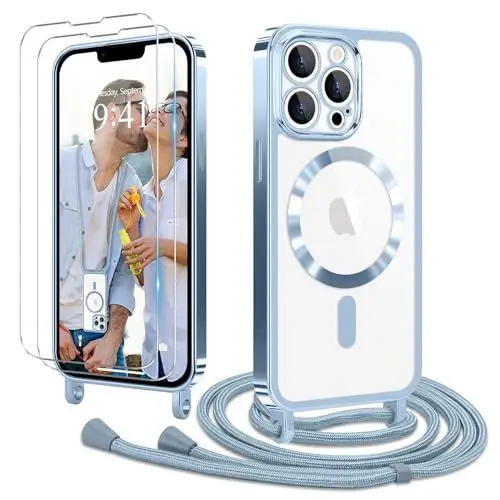 Produktbild: Ethanger Handyband für iPhone 12 Pro Max Hülle mit Band + 2 Stück Glas Schutzfolie Transparent Silikon Handyhülle Magnetische Schutzhülle Case zum Kordel Abnehmbar für iPhone 12 Pro Max Blue