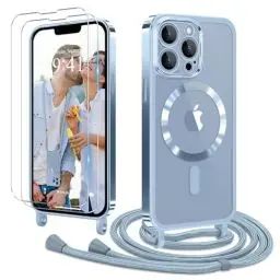 Produktbild: Ethanger Handykette für iPhone 13 Pro Hülle mit Band + 2 Stück Glas Schutzfolie Transparent Silikon Handyhülle Magnetische Schutzhülle für iPhone 13 Pro Blau