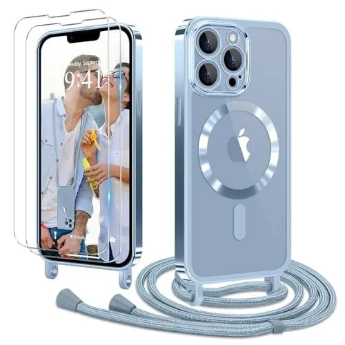 Produktbild: Ethanger Handykette für iPhone 13 Pro Hülle mit Band + 2 Stück Glas Schutzfolie Transparent Silikon Handyhülle Magnetische Schutzhülle für iPhone 13 Pro Blau