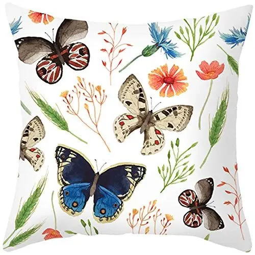 Produktbild: Ethereval Leinen Kissenbezüge Dekokissen Kissenbezug Indisch Blumen-Gras-Schmetterlinge Weiß Blau Grün Kissenbezüge Ostern Kissenbezug Wasserdicht Premiumtouch-Kissenbezüge 40x40cm