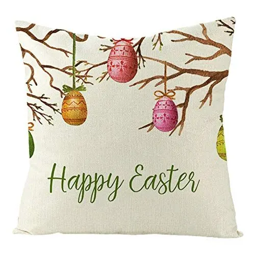 Produktbild: Ethereval Leinen Kissenbezüge Für Sofakissen Kissenhülle Dekokissen Frohe Ostern-Zweige Mit Eiern Braun-Beige Kissenbezüge Kuschelig Kissenhülle Fransen 40x40cm