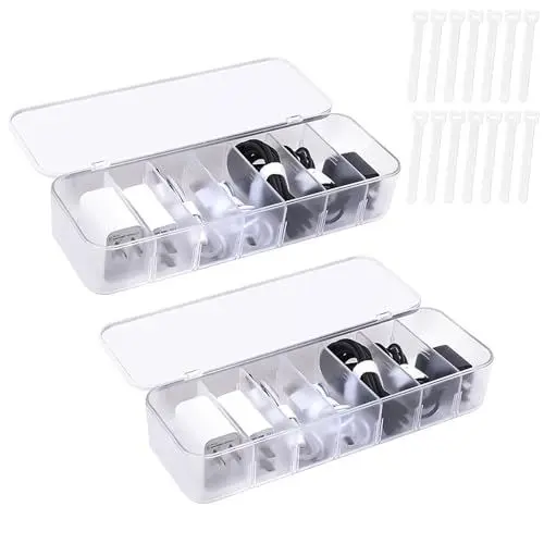 Produktbild: Etievort 2 Stück Kabel Organizer Box, Ladekabel Organizer Box, Kabel Aufbewahrungsbox mit 14 Kabelbinder und 12 Verstellbare Fächern, Ladekabel Aufbewahrung für Lagerung, Bürotrennwand (weiß)