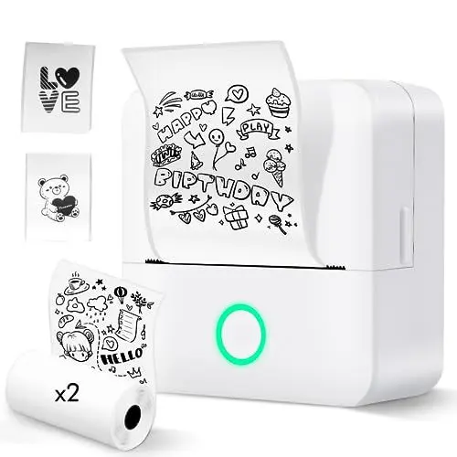 Produktbild: Lovcoyo Etikettendrucker Selbstklebend, Etikettendrucker Bluetooth, 2 Roll Etikettiergerät Mini Label Printer Ettikettiergeraet Labeldrucker Beschriftungsgerät Selbstklebend mit iOS und Android