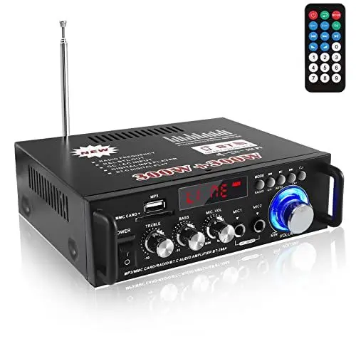 Produktbild: Etlephe Mini Verstärker,HIFI Verstärker,Bluetooth 5.0-Stereo Audio,12 V 220 V 600 W, 2 Kanäle, LCD-Display, High Fidelity, tragbares UKW-Radio, SD/USB-Karteneingang, für Zuhause oder Auto