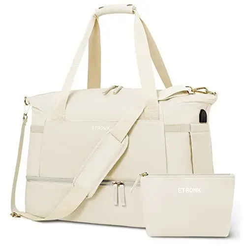 Produktbild: ETRONIK Sporttasche Reisetasche Damen, Weekender mit Schuhfach & Nassfach, Sport Travel Bag Weekender Damen für Reisen Gym Yoga, Handgepäck Tasche für Flugzeug, Beige, Mittel