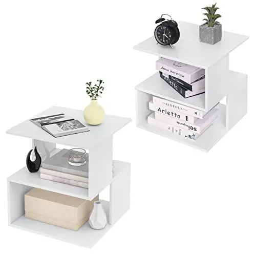 Produktbild: EUGAD 2er Set Nachttisch Weiß, Beistelltisch mit 2 Ablagen, kleines Bücherregal, Nachtschrank Nachtkommode Sofatisch für Schlafzimmer oder Wohnzimmer, 40x43,5x40 cm, 0166ZZ-2