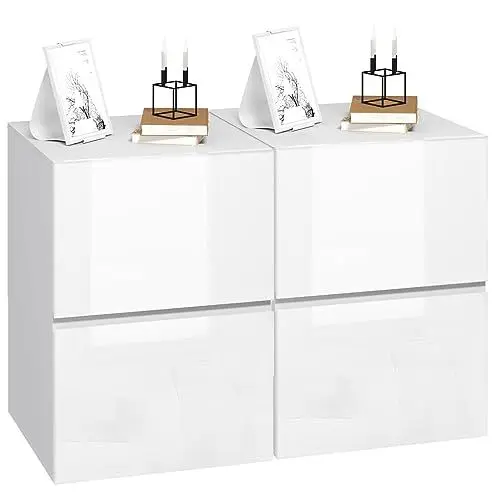 Produktbild: EUGAD 2er Set Nachttisch weiß, Nachtschrank mit 2 Schubladen in Hochglanz, Moderne Nachtkommode für Boxspringbett, Beistelltisch Ablagetisch für Schlafzimmer Wohnzimmer, 40x58x40 cm, 0182ZZ-2