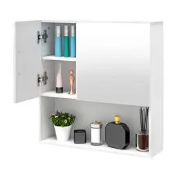 Produktbild: EUGAD Badezimmerschrank mit Spiegel, Spiegelschrank mit Tür Metallscharnieren, Schrank mit 5 Fächern 2 verstellbaren Trennwänden, Hängeschrank aus E1-MDF, Weiß, 54x55x15 cm