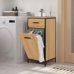 Produktbild: EUGAD Badezimmerschrank mit faltbarem Wäschesack, Wäscheschrank Wäschesammler Wäschekorb mit Schublade, Badschrank Badmöbel mit Metallrahmen, helle Eiche + Schwarz, 38x80x34 cm