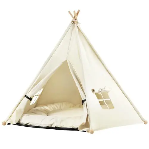 Produktbild: EUGAD Tipi Zelt für Haustiere mit Kissen Haustierzelt für Hunde/Katzen,Katzenhaus Indoor Abnehmbar Waschbar,Tipi Hundezelt Haustierhöhle für Meerschweinchen Kaninchen Hamster Kätzche 75x75x98cm