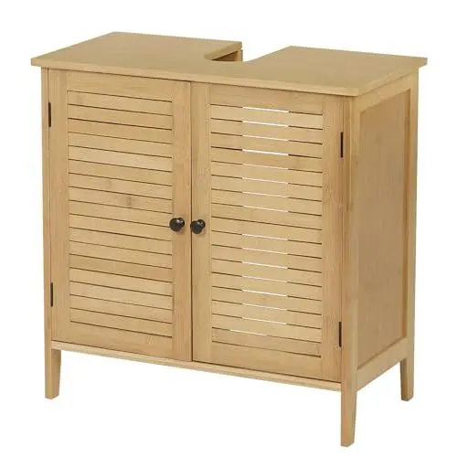 Produktbild: EUGAD Waschbeckenunterschrank, Badezimmer Unterschrank, aus Bambus, Waschtischunterschrank, Badezimmerschrank mit 2 Lamellentüren 1 Verstellbarer Ablage, 60x60x30 cm
