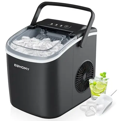 Produktbild: EUHOMY Eiswürfelmaschine Klein, 12KG Eiswürfelbereiter Ice Maker, 9 Würfel in 6 Minuten fertig, Schwarz Eiswürfelmaschine mit Tragbarem Griff, 12KG/24H, Selbstreinigendes Eiswürfelmaschinen