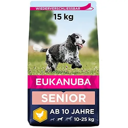 Produktbild: Eukanuba Hundefutter mit frischem Huhn für mittelgroße Rassen, Premium Trockenfutter für Senior Hunde, 15 kg