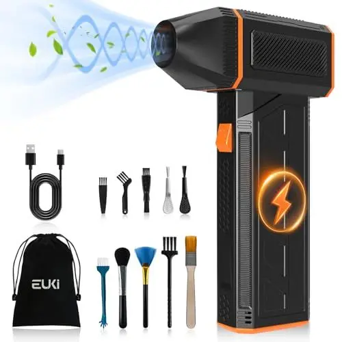 Produktbild: EUKI Elektrische Staubgebläse Luftdruckspray, 3-Gang 130000 U/min, Druckluft Compressed Air Duster mit 5000mAh Akku, Reinigungsbürste und USB Schnellladung, für PC Reinigungsset, Auto, Sofa