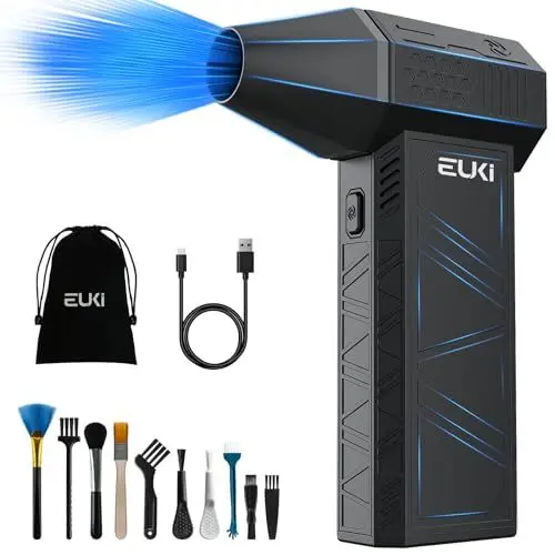 Produktbild: EUKI Elektrische Staubgebläse Luftdruckspray, 3-Gang 150000 U/min, Druckluft Compressed Air Duster mit 6000mAh Akku, Reinigungsbürste und USB Schnellladung, für PC Reinigungsset, Auto, Sofa