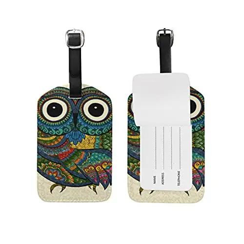Produktbild: Eule Vogel Bunte Kunst Kofferanhänger mit Adressschild Lustig Leder Gepäckanhänger ID Etikett mit Namenschild für Reise Koffer Tasche(3PACK)