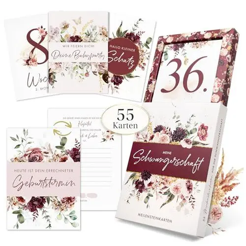 Produktbild: EULENTALER® 55 Meilensteinkarten für deine Schwangerschaft I Von Hebammen & Pädagogen gestaltet I Mit handgemalten Illustrationen I Geschenk für schwangere Freundin