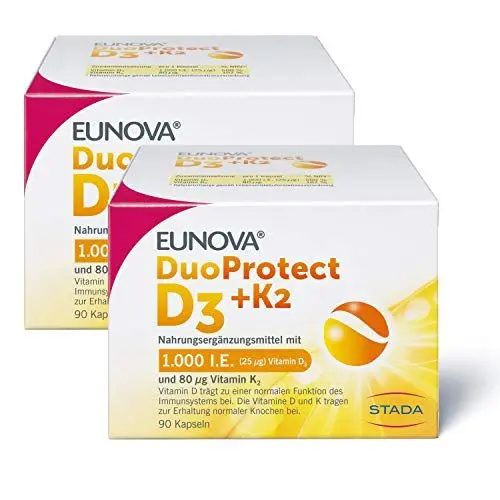 Produktbild: EUNOVA DuoProtect D3 + K2 1000 I.E. - Nahrungsergänzungsmittel für gesunde Knochen - 2 x 90 Kapseln