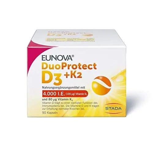 Produktbild: EUNOVA D3 + K2 DuoProtect 4000 I.E. - Hochdosiertes Vitamin D3 + K2 für starke Knochen & Immunsystem Ohne Gluten, Laktose & Konservierungsstoffe, Vegetarisch, 90 Kapseln