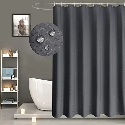 Produktbild: EurCross Überlänge Duschvorhang 210 cm Wasserdicht Antischimmel für Badezimmer, Dunkelgrau Waffel Muster Badvorhang, Waschbar Textil Stoff Duschvorhänge 180x210 mit 12 Ringen