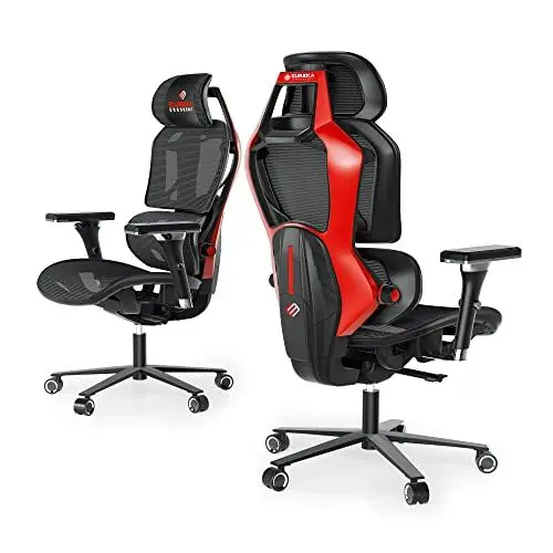 Produktbild: EUREKA ERGONOMIC Typhon Gaming Stuhl, Bürostuhl Ergonomisch mit Verstellbare Lendenwirbelstütze & Kopfstütze, PC Stuhl mit 4D-Armlehnen & Höhenverstellung, 125 kg Belastbar, Schwarz & Rot