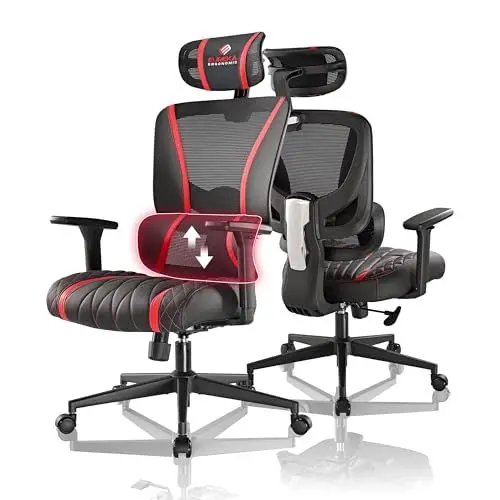 Produktbild: EUREKA ERGONOMIC Gaming Stuhl, Ergonomischer Bürostuhl mit Verstellbarer Lordosenstütze und Kopfstütze, PC Stuhl mit Atmungsaktive Elastische Sitzkissen, 136 KG, Schwarz&Rot