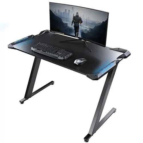 Produktbild: EUREKA ERGONOMIC Gaming Tisch 114 × 64 cm Gaming Schreibtisch mit LED, PC Tisch Gaming mit Kohlefaseroberfläche,Kopfhörer Haken, Getränkehalter für Büro Arbeitszimmer Sekretär