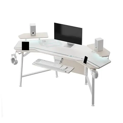 Produktbild: EUREKA ERGONOMIC Gaming Tisch mit LED 182x76cm Groß Gaming Schreibtisch in Flügelform PC Computertisch mit Tastaturablage,2 Monitorregal,Kopfhörerhaken für Home Office Studio Live-Streaming