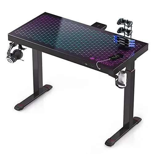Produktbild: EUREKA ERGONOMIC Glas Gaming Tisch mit LED 120x60 cm Großer Höhenverstellbarer Schreibtisch Elektrisch PC Computertisch mit Musik Sync,APP Steuerung,Kopfhörerhaken, Getränkehalter
